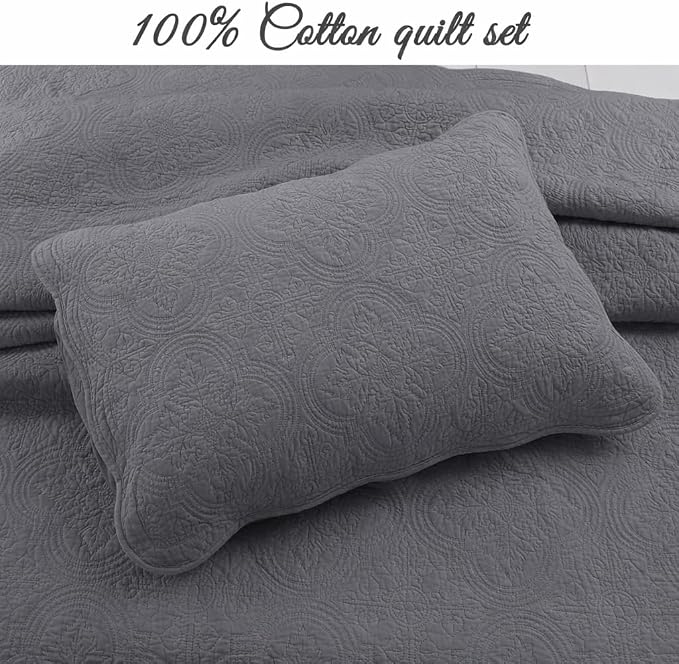Cozy Line Home Fashions Charcoal Gray Cotton Quilt Set – 3-Piece Solid Textured Quilted Bedspread with Shams, Lightweight All Season Modern Bedding (Blantyre - Grey, Queen - 3 piece)