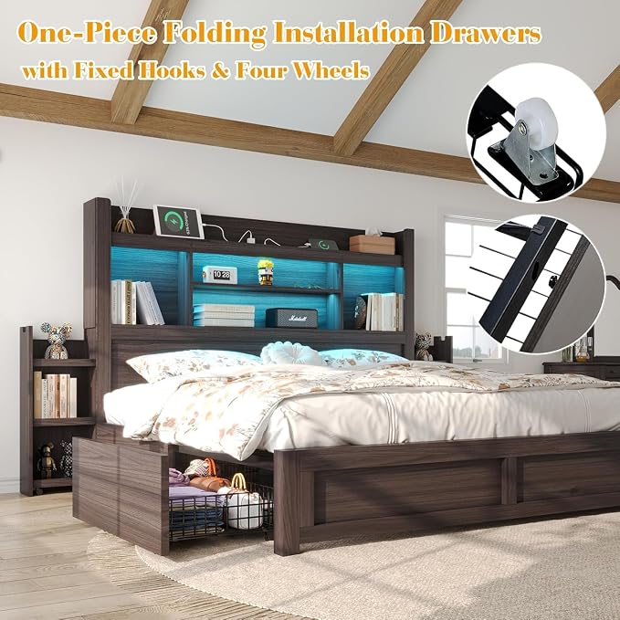 LUXOAK California King Bed Frame with Storage, Bookcase Headboard,Black | 49.6" Headboard, Wood Platform Bed, Charging Station, Bedside Storage, 4 Storage Drawers, No Box Spring Needed, Farmhouse