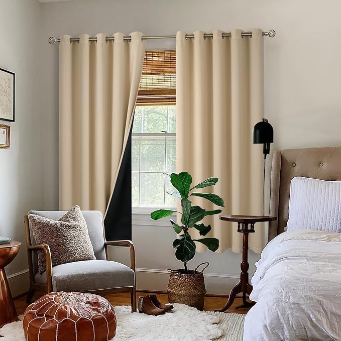 BGment Thermal Insulated 100% Blackout Curtains for Bedroom with Black Liner, Double Layer Full Room Darkening Noise Reducing Grommet Curtain (60 x 63 Inch, Beige, 2 Panels)
