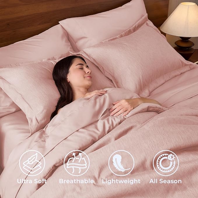 JOLLYVOGUE Rose Pink Queen Comforter Set, Cationic Dyeing Bed in a Bag Queen 7 Pieces, Double-Tone Bedding Set with Down Alternative Comforter, Sheets, Pillowcases & Shams