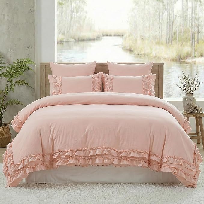 Pink Ruffled Duvet Cover Girls Coquette Bedding Set Cute Lace Fringe Ruffle Bedding Shabby Chic Farmhouse Style Super Soft Cozy Elegant Cover Cover Set Twin Size