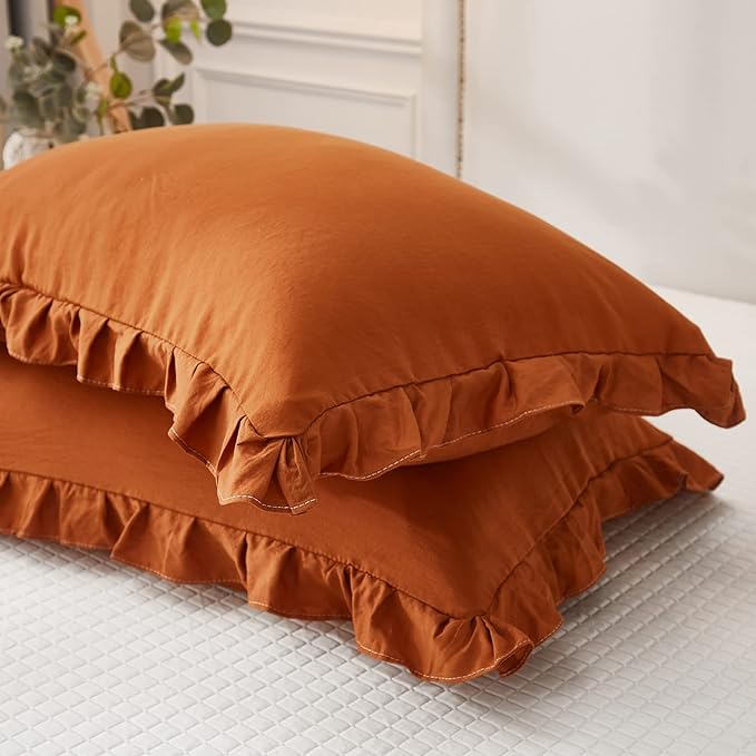 Burnt Orange Pillowcases Cute Pillow Cover Rust Ruffle Queen Set of 2 Shabby Chic Caramel Pillowcases 2 Pack (Queen (20''x30''), Caramel)