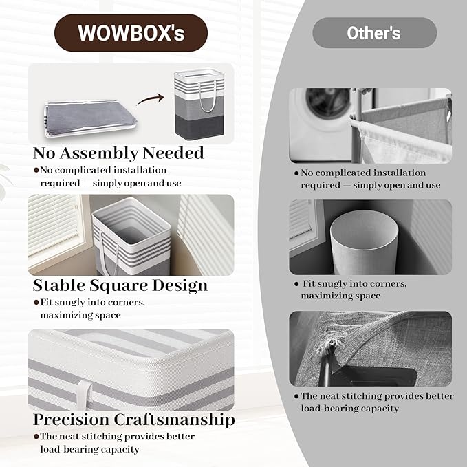 WOWBOX 2 Pack Laundry Baskets, Collapsible Dirty Clothes Laundry Hampers | with Reinforced Handles, Waterproof Coating, 2 Pack for Clean & Dirty Clothes, for Bedroom, Bathroom, Dorm (75L Grey)