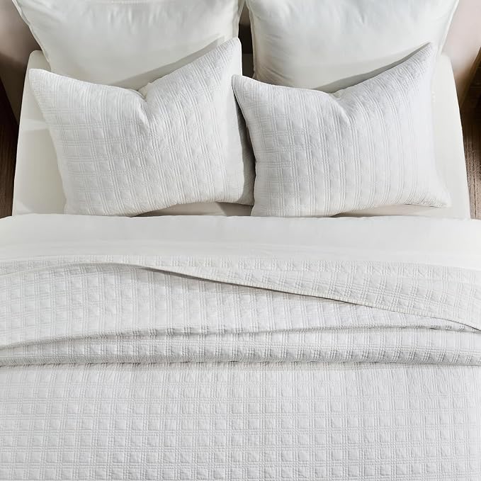 EVERGRACEHOME Cotton Sateen Windowpane Quilt Set King Size, Bright White | 100% Cotton, Pre-Washed Soft Coverlet Bedspread, 3-Piece Lightweight Bedding Set for All Season, with 2 Pillow Shams