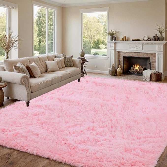 8x10 Fluffy Shag Area Rugs for Living Room Bedroom: Soft Carpet Light Pink | Upgraded Non-Slip Thick Memory Foam, Ultra Soft, Non-Shedding Fuzzy Carpet, Easy Clean Decor for Kids Room, Nursery, Playroom