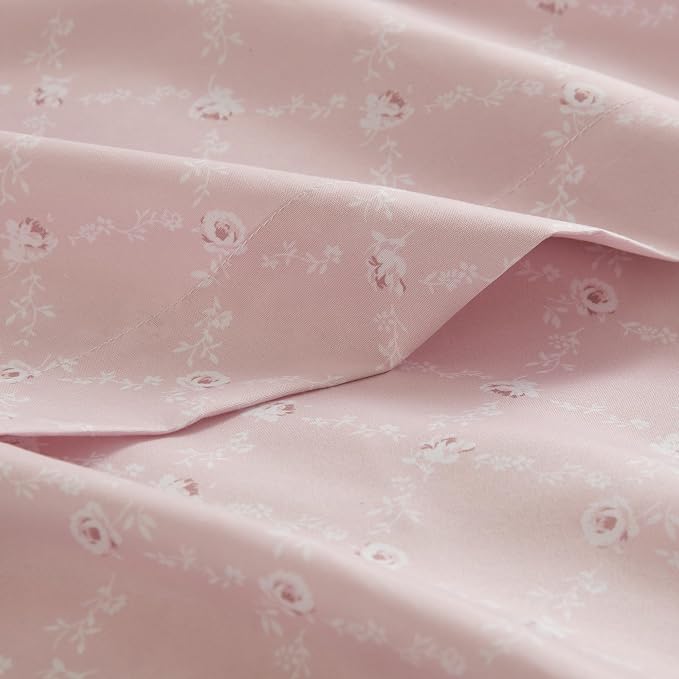 Madison Park Essentials Pink Floral Comforter Set with Sheets King,7pc | Vintage, Ruffle Bed in a Bag, Reversible, Elegant Bedding Set, All Season, Machine Washable, Wrinkle Resistant, Ultra Soft