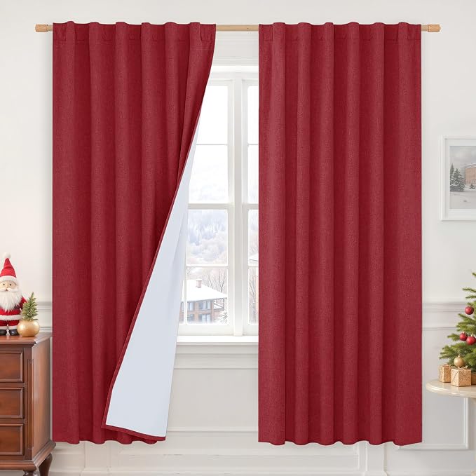 Red 100% Blackout Linen Curtains 72 Inches for Living Room 2 Panels | Room Darkening, Farmhouse, Bedroom Curtains, Thermal, Christmas Drapes, Rod Pocket Back Tab, with White Liner, 52 x 72 Inch