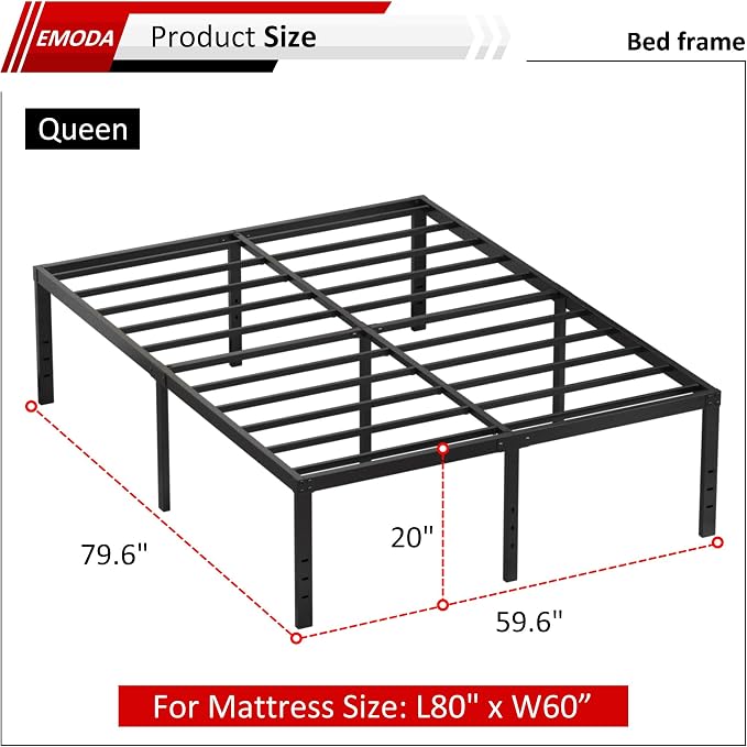 EMODA 20 Inch Queen Bed Frame No Box Spring Needed | Heavy Duty Metal Tall Platform Bed Frame Queen Size with Large Storage Space, Easy Assembly, Black