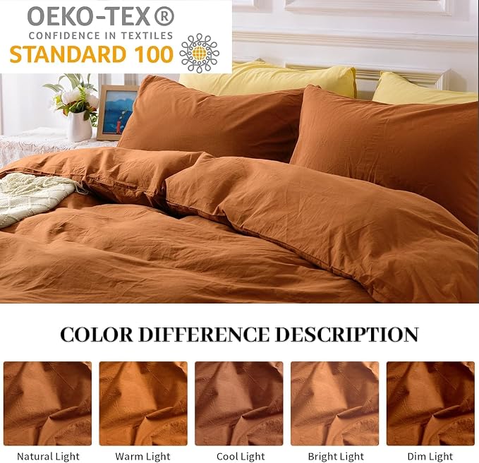 NEXHOME PRO Duvet Cover Set 100% Washed Cotton Oversized King 120"x98" Linen Feel Textured Organic Natural 3 Pieces Bedding Set Terracotta Burnt Orange with Zipper Closure Breathable(No Comforter)