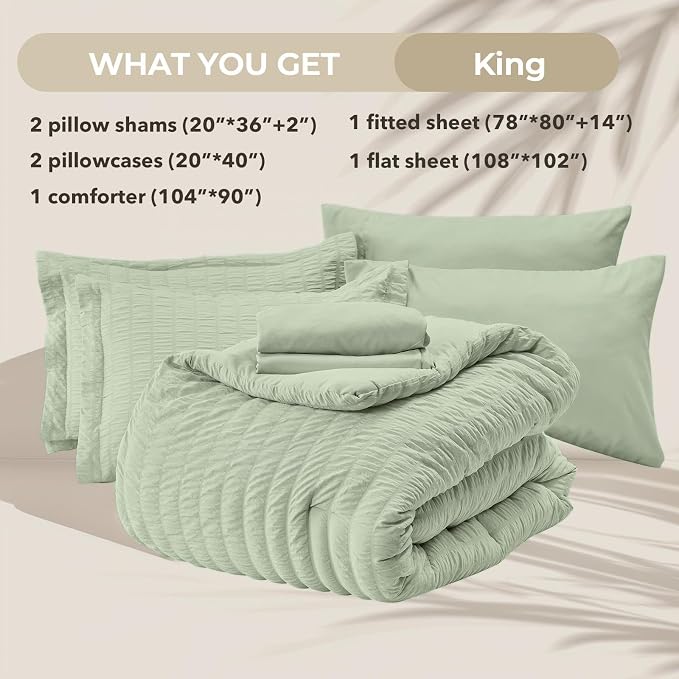 HYMOKEGE Light Green King Size Comforter Set Seersucker 7 Pieces, All Season Luxury Bed in a Bag for Bedroom, Bedding Set with Comforters, Sheets, Pillowcases & Shams