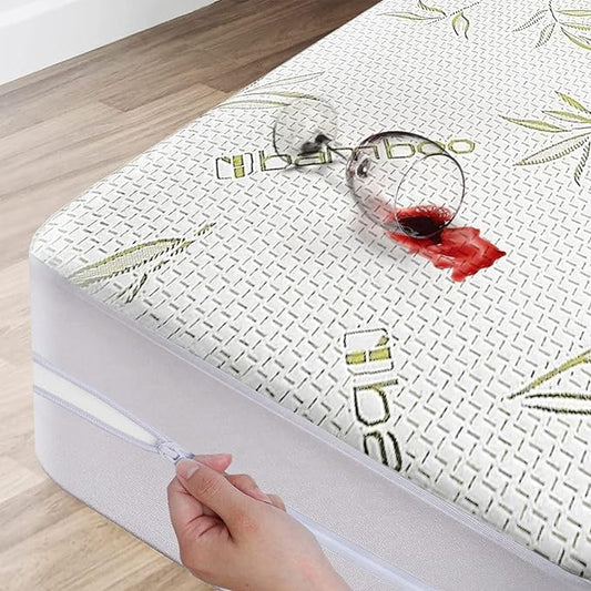 Bamboo Cooling Mattress Protector with Zipper - 100% Waterproof Twin Size Mattress Cover - Ultra Soft Jacquard Fabric Breathable Noiseless Mattress Pad Covers - Zippered Mattress Encasement