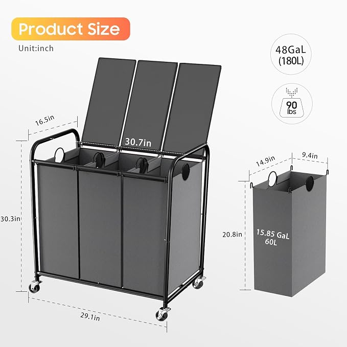 180L Laundry Sorter 3 Section, Rolling Laundry Basket with Wheels and Lid | 47.55 Gal Laundry Hamper, 3 Separated Removable Bags, Lockable Wheels, Dirty Clothes Hamper for Laundry Room Organizer, Grey