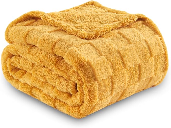 NEWCOSPLAY 3D Checkered Flannel Throw Blanket, Mustard Yellow, 50"x70" | Super Soft Cute Lightweight Decorative Premium Silky Fleece Blanket for Couch Sofa Bed, Gift for Women Men, All Season Use
