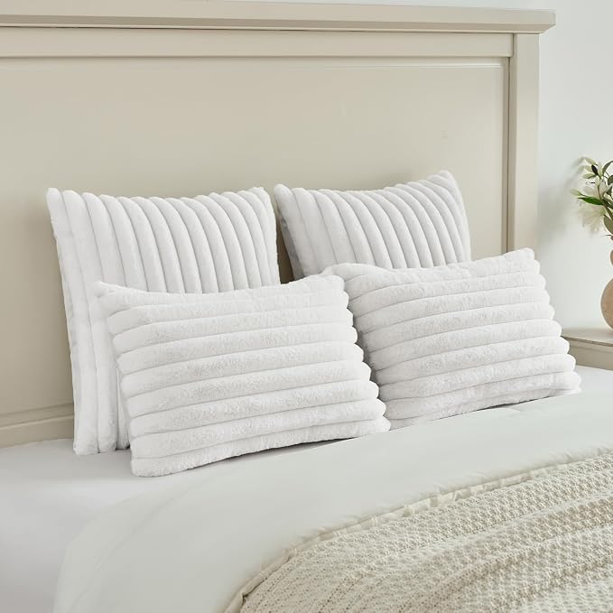 FUTEI Pack of 2 Faux Fur Throw Pillow Covers 16x16 Inch, White | Fluffy Faux Rabbit Fur Front/Premium Velvet Back,Hidden Zipper,Machine Washable,Non-Shedding,Colorfast,Insert Not Included.
