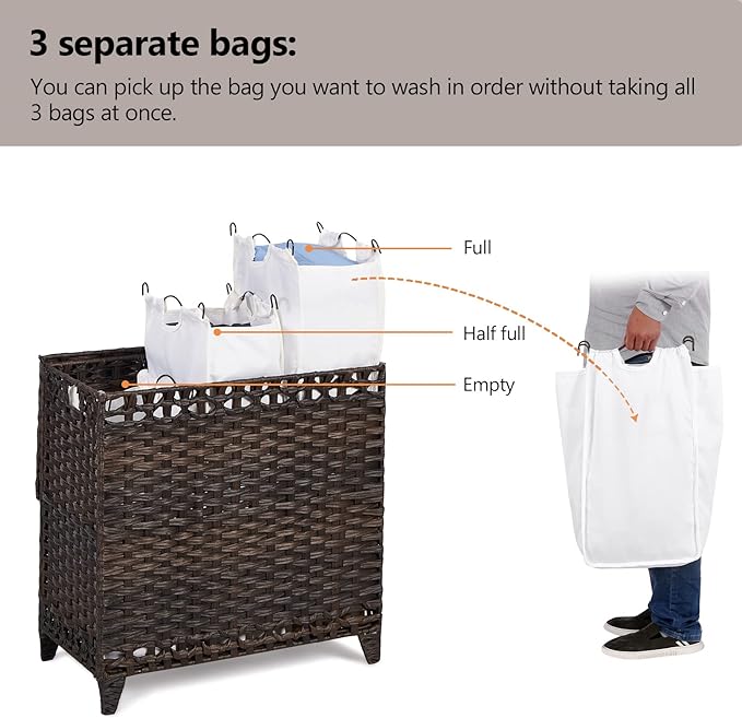 Laundry Hamper with 3 Removable Liner Bags, 132L Laundry Sorter with Lid | Raised Feet; Side Carry Handles; Handwoven PP Rattan; Rust-Resistant Iron Frame; Decorative Woven Design