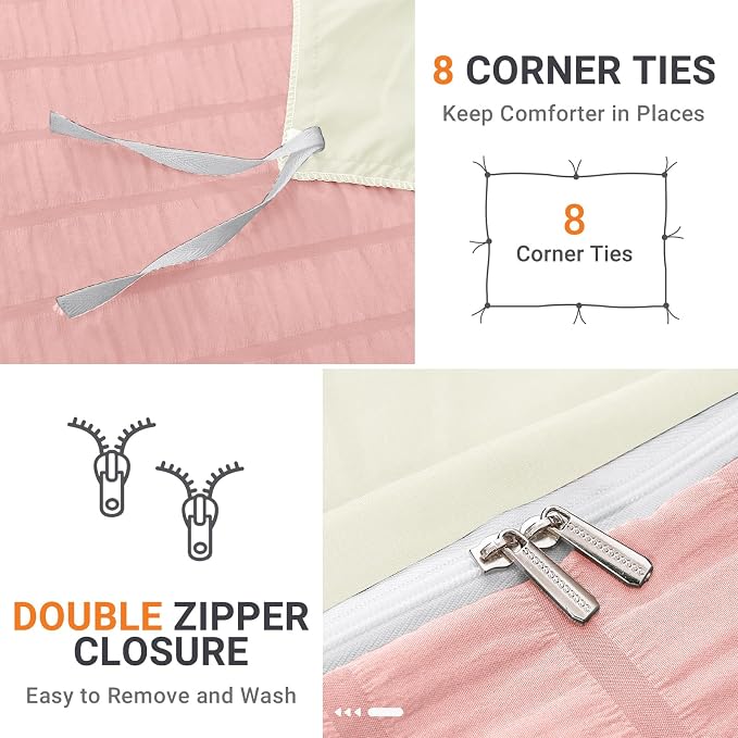 HYMOKEGE Pink/Ivory Duvet Cover Full Size, Ultra Soft 3-Piece Seersucker Duvet Cover Set with Zipper Closure, Soft Brushed Microfiber Bedding Set with 8 Corner Ties (80"x90", 2 Pillowshams)