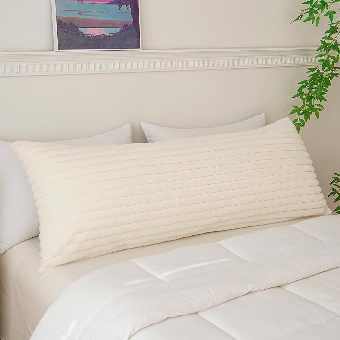 Full Body Pillow with Fluffy Stripe Faux Fur Removable Cover, Long Bed Pillow Adult 20x54 Inches for Side Sleeper and Pregnancy, Beige.