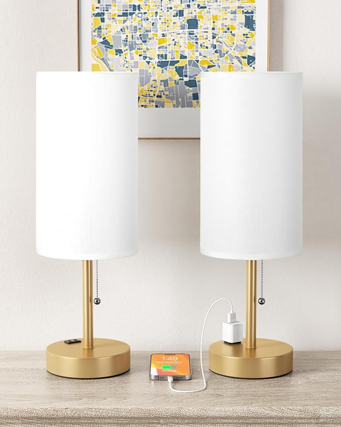 17.4" Gold Bedside Table Lamps Set of 2 - Bedroom Lamp, USB C+A, AC Outlet | 3CCT(3000/4000/5000K), LED Bulbs Included, White Fabric Lampshade, 17.4in Large Lamp for Nightstand, Living Room, Dorm, Desk