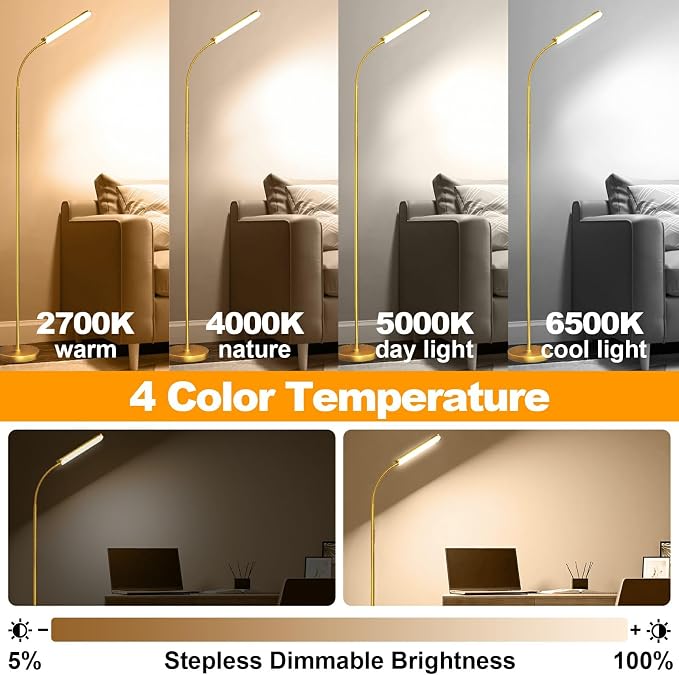 marctronic Gold Floor Lamp, 18W 1800LM Bright LED Floor Lamps for Living Room Bedroom, Dimmable Timing Eye Caring Reading Standing Lamp with Remote & Works with Smart Plug