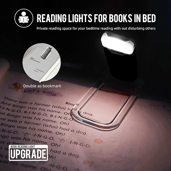 EGWASER Book Light for Reading in Bed, USB Rechargeable Clip on Book Lights, 3 Brightness Adjustable Dimmable Bookmark Light for Eye-Protection, Reading Lamp for Bookworms, Travel (2-Pack Black)