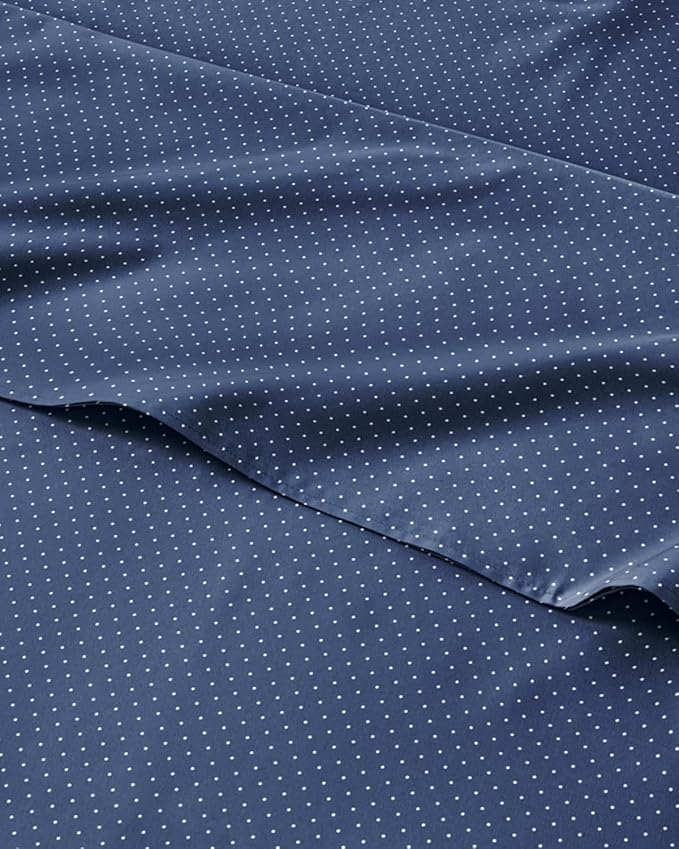 Twin 3 Piece Striped Sheet Set - Breathable & Cooling - Navy Microdots | 1 Flat, 1 Fitted & 1 Pillowcase w/ Deep Pockets, Luxury Striped Bedding, Soft, Breathable & Cooling, Wrinkle & Fade Free