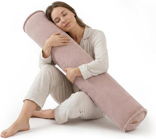 Corduroy Body Pillow,Large Round Bolster Roll Pillow for Side Sleepers, Tube-Style Hugging Body Pillow for Bed & Sofa, Removable Washable Cover,39 x 7.87 Inches,Pink