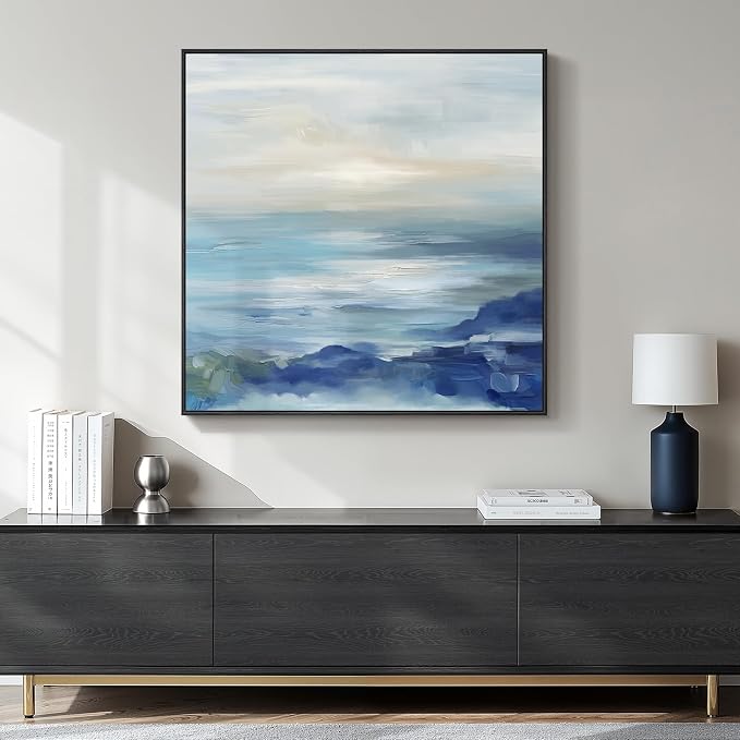 Large Framed Blue Abstract Wall Art Decor, Square Coastal Print, 30x30 Inch | Modern, Minimalist, Ocean, Canvas artwork, Living room, Bedroom wall decor, Bathroom art, Ready to hang, Solid wood frame