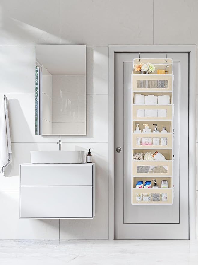 JARLINK Over the Door Organizer for Pantry, Bathroom, 5 Shelf Beige, 2 Pack | Anti-Tilt Design, 44 lb Load Capacity, Hanging Door Organizer with 5 Large Capacity Pockets, Behind Door Storage for Nursery