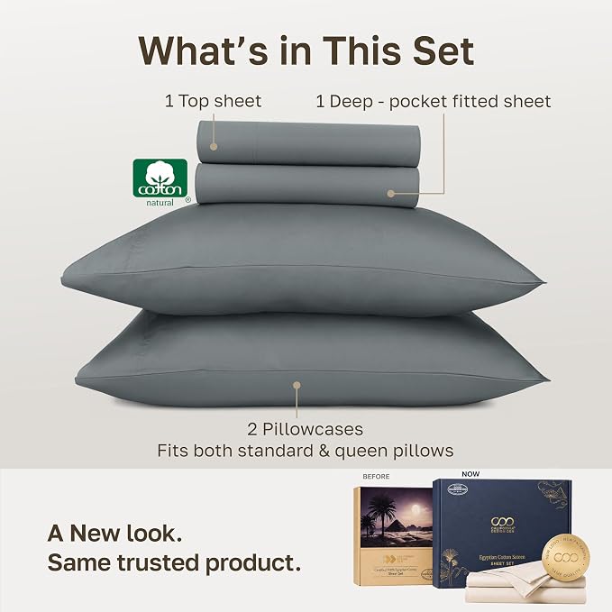 California Design Den 100% Egyptian Cotton Full Size Bed Sheets, Grey | Backed by Good Housekeeping Seal, Light & Airy Soft Sateen, 15" Deep Pocket, All-Around Elastic, Durable, Easy Care 4pc Set