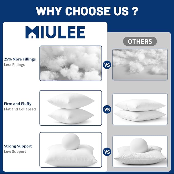 MIULEE 22x22 Inch Pillow Inserts Pack of 4-100% Cotton Cover | White Throw Pillow with 100% Virgin Microfiber for Bed Sofa Couch Living Room, All-Season Decorative Back Support