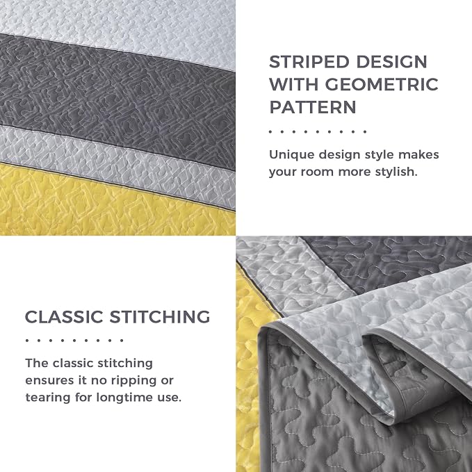 Cottolester Quilts Queen Size,Yellow Grey Striped Bedspread Coverlet Set | Lightweight Coverlet Set with 2 PillowShams,All Seasons Microfiber Quilt Bedding Sets for Bedroom Guest Room 96"x90"