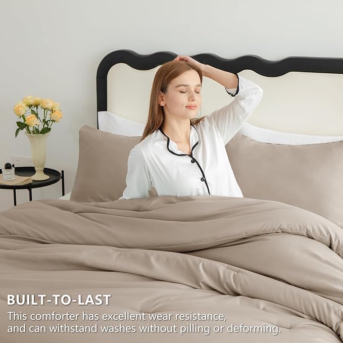 Queen Comforter Set, 3 Pieces Down Alternative Bedding, Khaki | 270 GSM All Season Comforter with 4 Corner Ties for Use as a Duvet Insert, OEKO-TEX Certified, 2 Pillowcases, 88 x 88 in