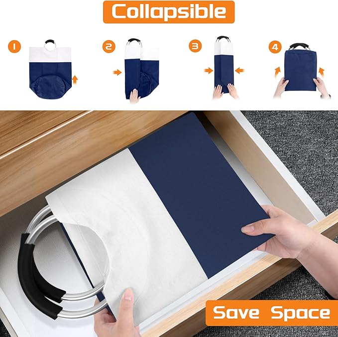 BlissTotes 90L Laundry Basket, Freestanding Collapsible Hamper, Blue | Collapsible Dirty Clothes Hamper, Foldable Laundry Bag for Dorm, Waterproof Fabric, Padded Aluminum Handles