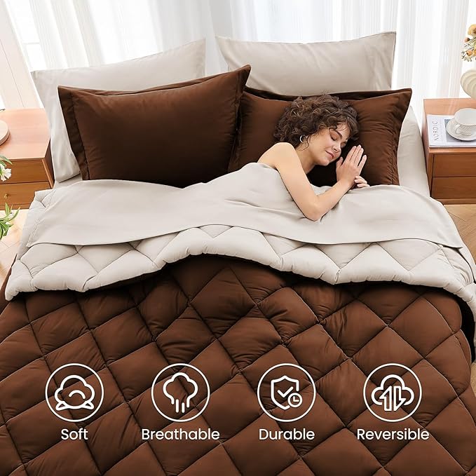 7 Pieces Full Comforter Set, Reversible Bed in a Bag Full Size, All Season Bedding Set with Comforter, Flat Sheet, Fitted Sheet, Pillowcases & Shams, Brown & Khaki