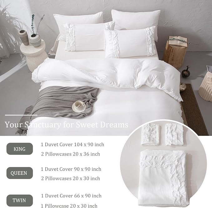 Bedorm White Ruffle Duvet Cover Twin Shabby Chic Bedding Set Pleat Ruffled Farmhouse Pure White Comforter Cover Extra Soft & Easy Care Boho Duvet Cover Set