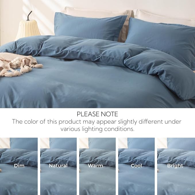 OAITE Duvet Cover Set 100% Washed Cotton Solid 3pcs | Soft,Durable,Long-staple Cotton,Hidden Zipper with 8 Interior Corner Ties,2 Pillowcases