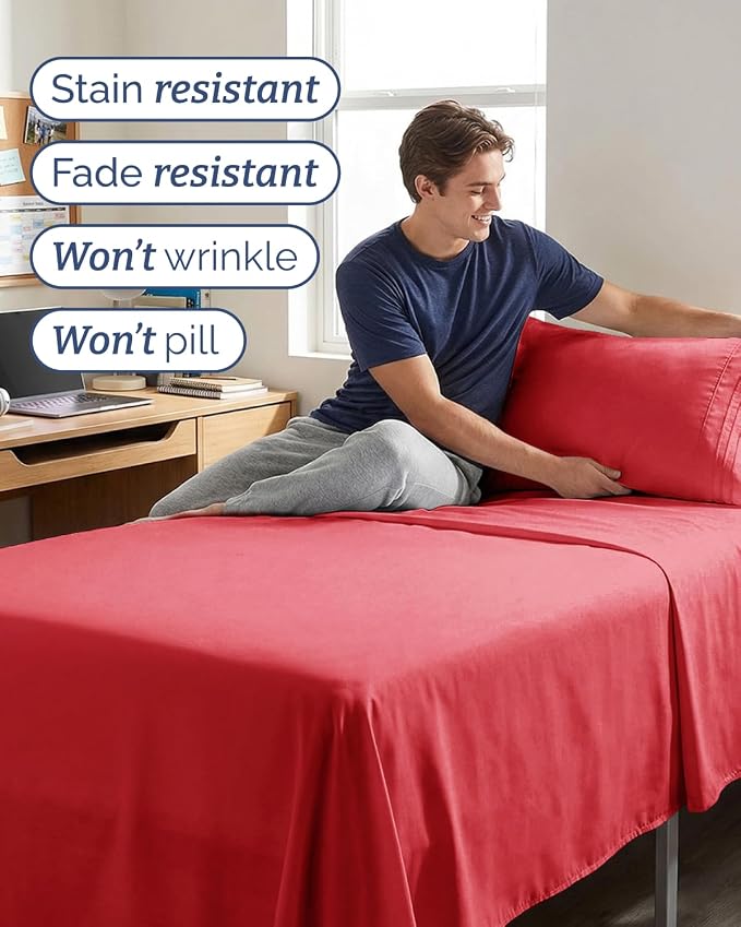 Twin XL 3 Piece Sheet Set - College Dorm Room Essentials - Red | Deep Pocket Bed Sheets for Women, Men, Teens & Students, Soft, Cooling, Breathable & Wrinkle Free, Oeko-Tex Bed Sheet Set
