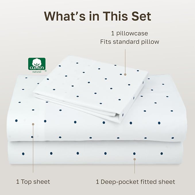 California Design Den Soft 100% Cotton Sateen Twin Size Bed Sheets Set | 400 Thread Count Backed by Good Housekeeping Seal, All-Around Elastic, Durable, Easy Care, 3 Pc Set - Polka Dot Print