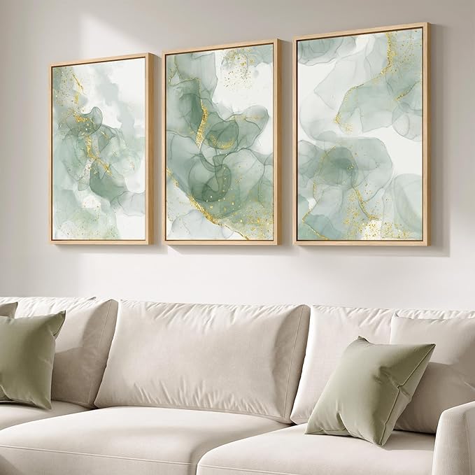 Large Framed Sage Green Gold Abstract Wall Art, 3 Piece Set, Each 20x30 In | Green gold pictures, Canvas print, Wood frame, Modern painting, Minimalist artwork, Wall decor for living room bedroom dining