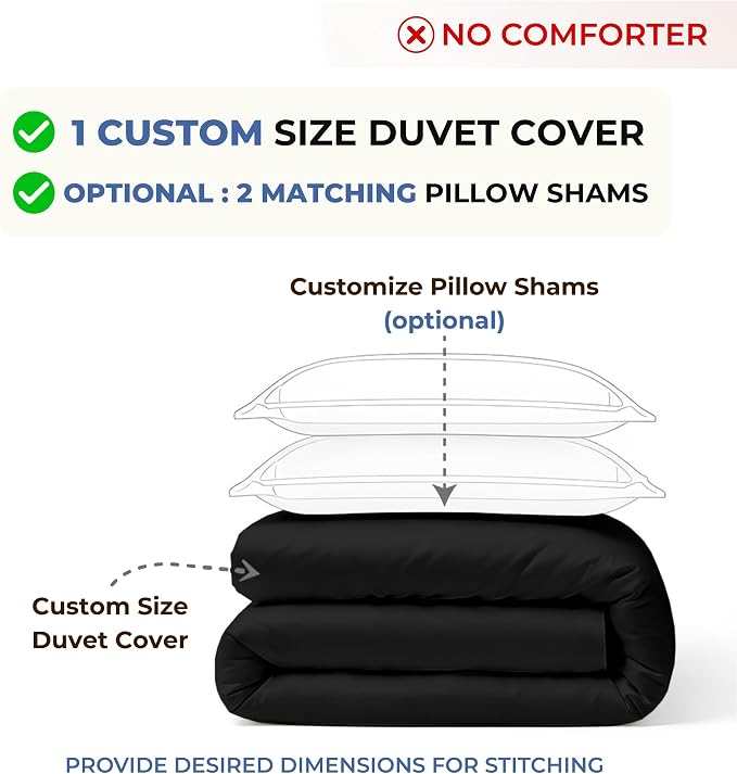 Custom Duvet Cover - 100% Egyptian Cotton 600 Thread Count Ultra Soft Breathable Durable Customizable Comforter Cover(Desired Dimensions)- Zipper Closure & 7 Internal Ties -Black