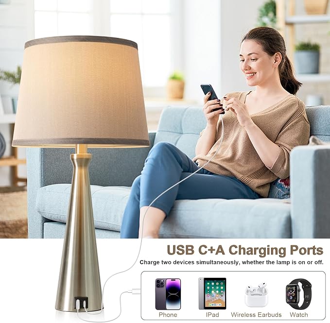 Modern Touch Lamps for Nightstand, 3 Way Dimmable Bedroom Lamp Set of 2 | USB C+A Charging Ports, Silver Bedside Lamps for Bedroom, Living Room, End Table, Bed Side, LED Bulb Included