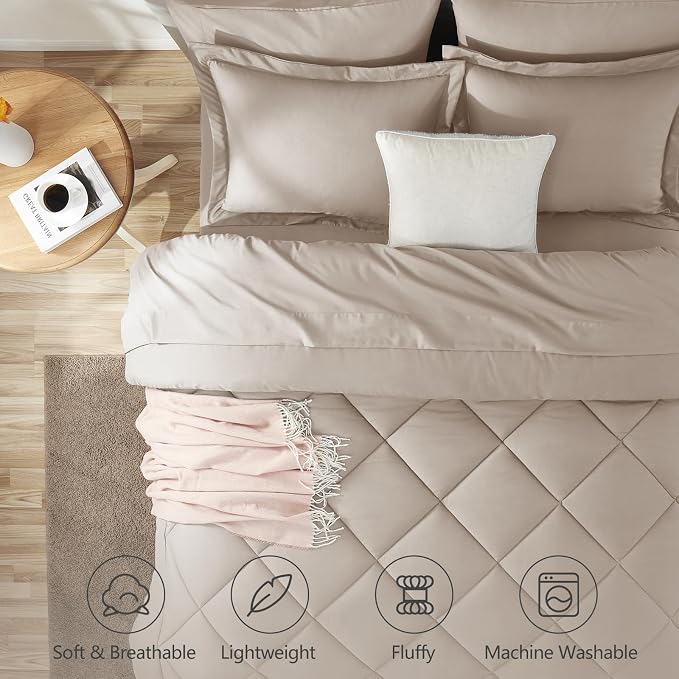 King Size Comforter Set Linen - 7 Pieces Complete Bedding Set | OEKO-TEX Certified, All Season, 240GSM Down-Alternative Comforter, Sheets, Pillowcases & Shams, 14" Deep Pocket, Easy Care