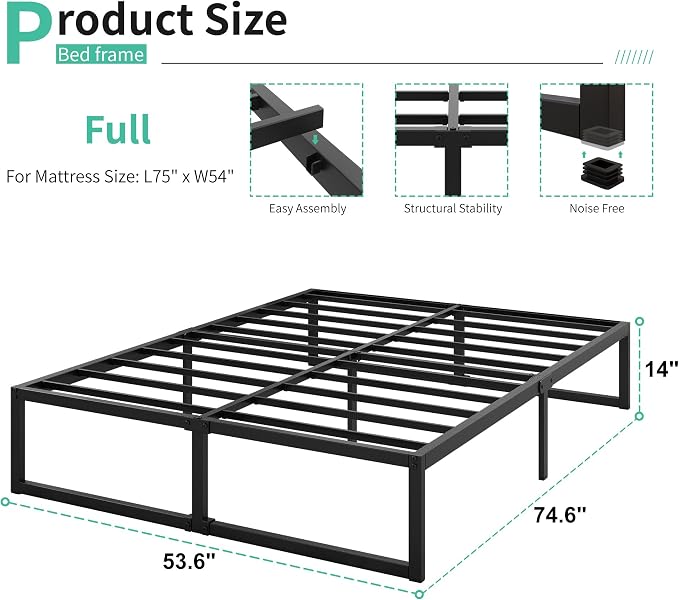 Lutown-Teen 14 Inch Full Size Bed Frame with Heavy Duty Steel Slat Support | Sturdy Metal Platform Bed Frame No Box Spring Needed, Noise Free, Easy Assembly, Black