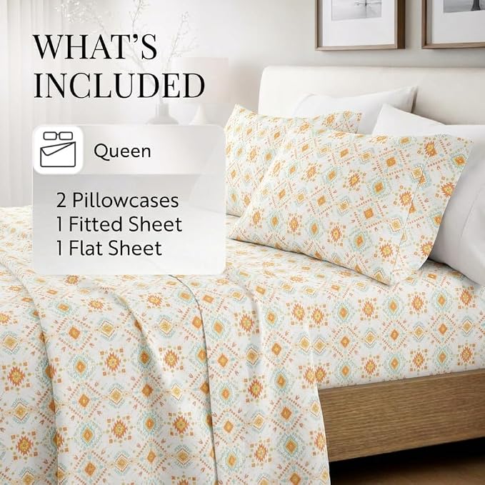 Linen Market Patterned Microfiber Queen Sheet Set 4 Piece – Oeko-TEX Certified Ultra Soft & Wrinkle-Free - 16" Deep Pocket Sheets - Easy Care Queen Size - Aztec Dreams Coral