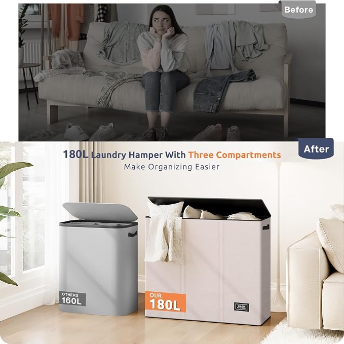 SOLEDI Large Laundry hamper 3 Section with Laundry Bag, XL Clothes Basket | 3-Section Large capacity Laundry Sorter with Odor-Blocking Lid, Robust Iron Frame & Waterproof 600D Fabric, 3 Washable Bags