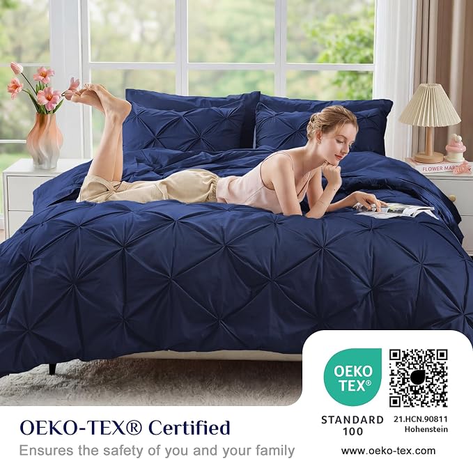 JOLLYVOGUE Full Size Comforter Sets 7 Pieces - Bed in a Bag Full for All Season, Pintuck Bedding Comforter Sets with Comforter, Flat Sheet, Fitted Sheet and Pillowcases & Shams, Navy