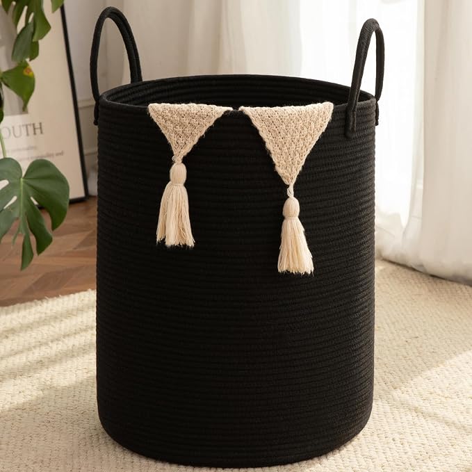 OIAHOMY 80L Nursery Hamper Laundry Basket Laundry Hamper Black | collapsible Blanket Basket Cotton Rope Woven Basket Dirty Clothes Hamper Baby Hamper Tall Clothes Hamper with Handles