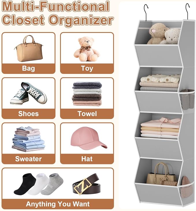 Hanging Closet Organizer 4 Shelf Collapsible Bedroom Closet Organizers and Storage Hanging with Mesh Pockets for Clothes, Fabric Hanging Storage Bins for Wardrobe Closet Organization and Storage, Grey