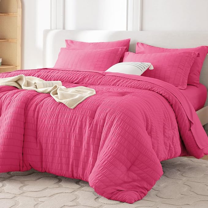 7 Pieces King Comforter Set, Seersucker Bed in a Bag King Size, All Season Luxury Bedding Set with Comforter, Flat Sheet, Fitted Sheet, Pillowcases & Shams, Hot Pink