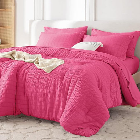 7 Pieces King Comforter Set, Seersucker Bed in a Bag King Size, All Season Luxury Bedding Set with Comforter, Flat Sheet, Fitted Sheet, Pillowcases & Shams, Hot Pink